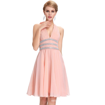 Starzz Deep V-Neck Halter Pink Chiffon Beaded Backless Short Bridesmaid Dress ST000088-1